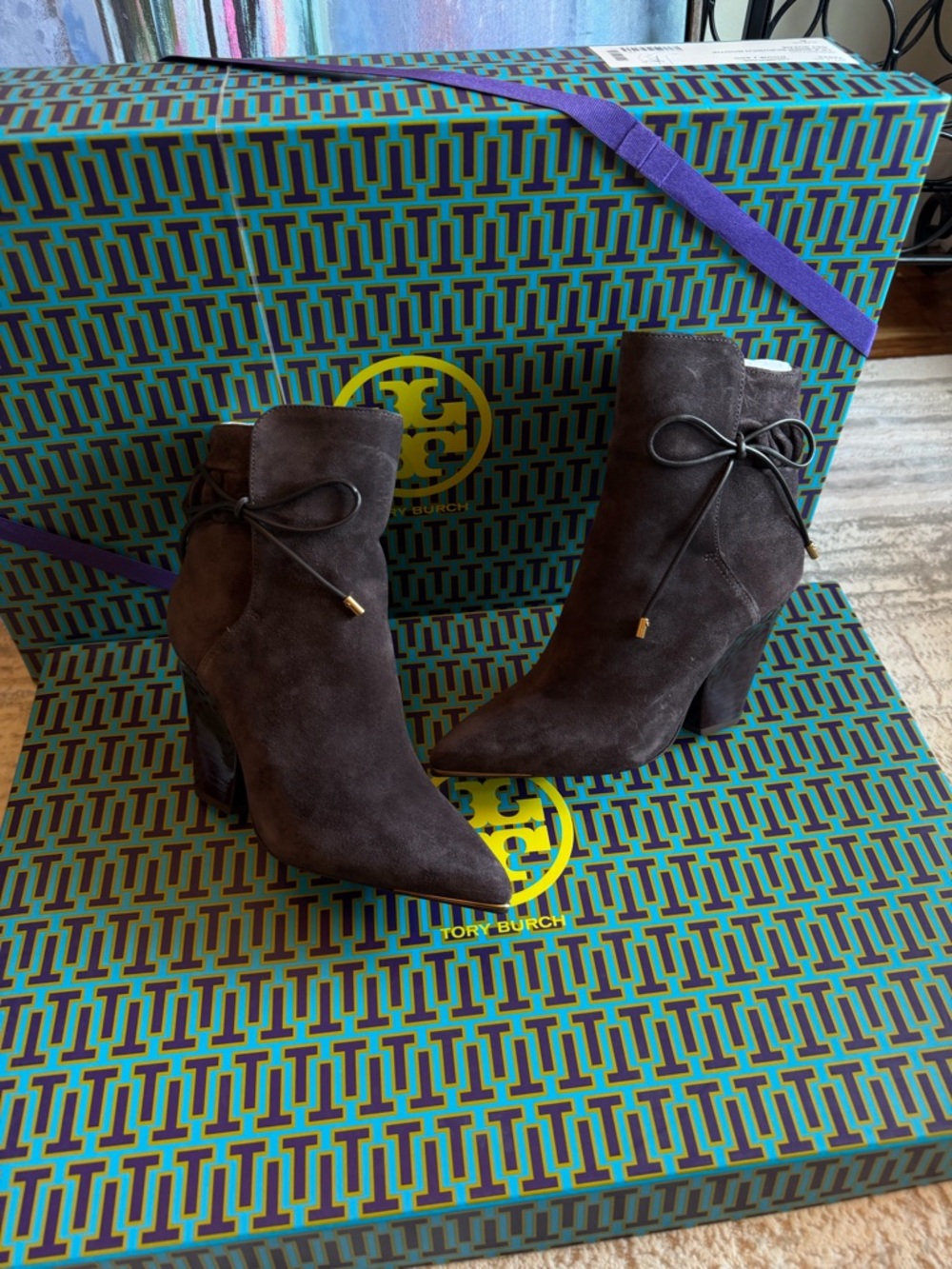 Tory Burch Lila Dark Gray Suede Ankle Booties